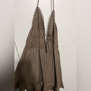 Brown Halter shorts romper with Lace Trim